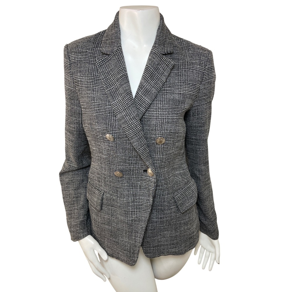 MNG Mango Glen Plaid Double Breasted Blazer Black White Crest Button 4 Office